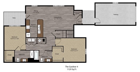 Floor plan for 2 beds, 2 baths, 1129 sqft
